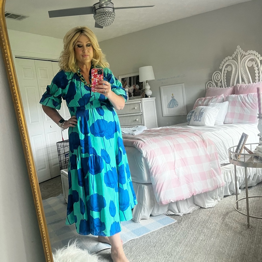 Umgee Green Maxi Dress with Blue Floral Print